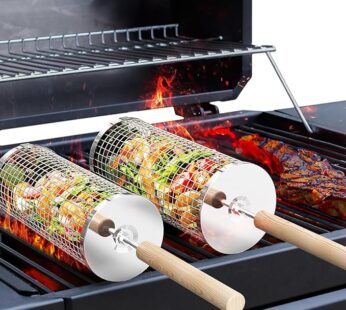Rolling Grill Basket(2PCS), Removable Wooden Handle, 304 Stainless Steel, Nesting Grilling Net, BBQ Accessories Tool for Vegetable Shrimp, Outdoor Cooking Camping, Birthday Gifts for Men Dad Husband