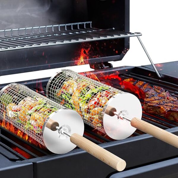Rolling Grill Basket(2PCS), Removable Wooden Handle, 304 Stainless Steel, Nesting Grilling Net, BBQ Accessories Tool for Vegetable Shrimp, Outdoor Cooking Camping, Birthday Gifts for Men Dad Husband