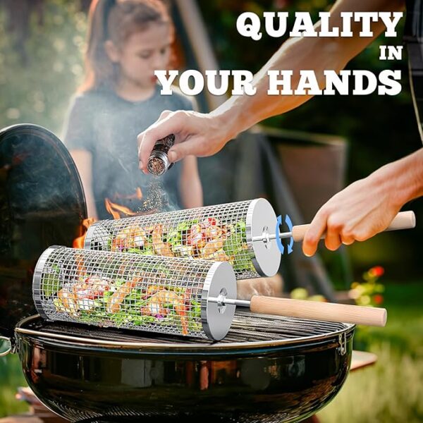 Rolling Grill Basket(2PCS), Removable Wooden Handle, 304 Stainless Steel, Nesting Grilling Net, BBQ Accessories Tool for Vegetable Shrimp, Outdoor Cooking Camping, Birthday Gifts for Men Dad Husband - Image 4