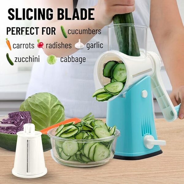 Zulay Kitchen Rotary Cheese Grater 5 Blade Cheese Shredder - Manual Hand Crank Cheese Grater With Reinforced Suction & 5 Interchangeable Drums - Easy to Use, Vegetable Chopper Round Mandoline Slicer - Image 2