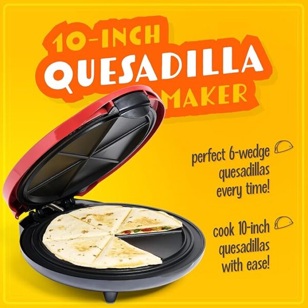 Taco Tuesday Deluxe 10-inch 6-Wedge Electric Quesadilla Maker with Extra Stuffing Latch, Red - Image 4
