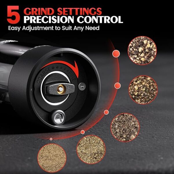 Electric Salt and Pepper Grinder Set Automatic Battery Pepper Mill Shakers Adjustable Coarseness Easy Filling Upgraded Larger Capacity with Led (2 Pack Black/Black） - Image 4
