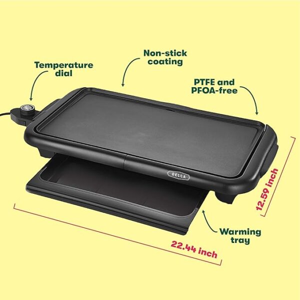 bella Electric Griddle with Warming Tray - Smokeless Indoor Grill, Nonstick Surface, Adjustable Temperature & Cool-touch Handles, 10" x 18", Copper/Black - Image 3