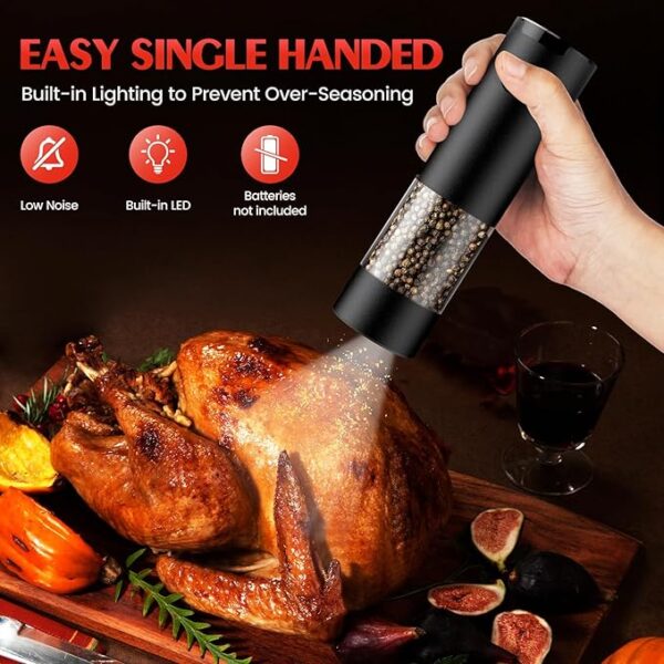 Electric Salt and Pepper Grinder Set Automatic Battery Pepper Mill Shakers Adjustable Coarseness Easy Filling Upgraded Larger Capacity with Led (2 Pack Black/Black） - Image 5