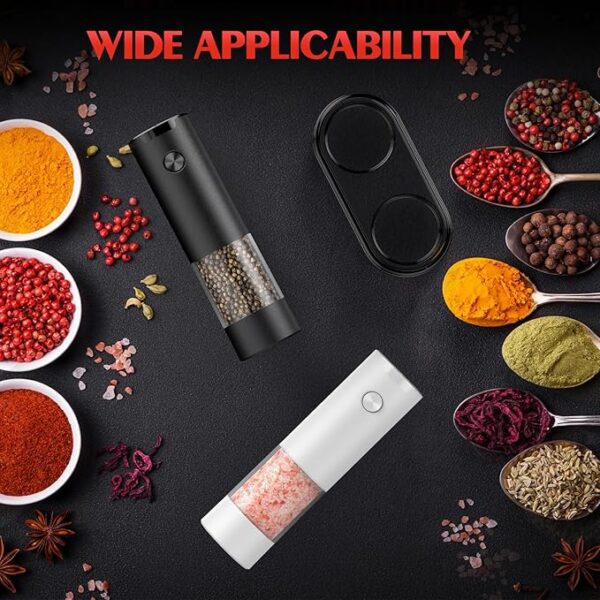 Electric Salt and Pepper Grinder Set Automatic Battery Pepper Mill Shakers Adjustable Coarseness Easy Filling Upgraded Larger Capacity with Led (2 Pack Black/Black） - Image 3