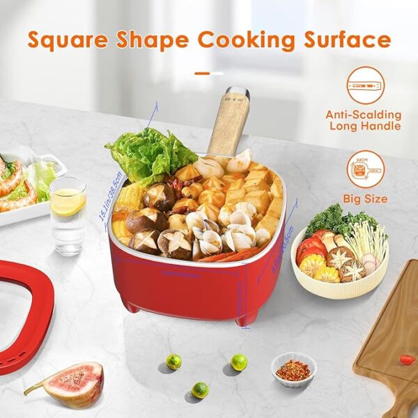 Audecook Hot Pot Electric 2L, Cermic Glaze Non-Stick Frying Pan 8 Inch, Portable Travel Cooker for Ramen/Steak/Fried Rice/Oatmeal/Soup, with Dual Power Control (Silicone Spatula Included) - Image 3