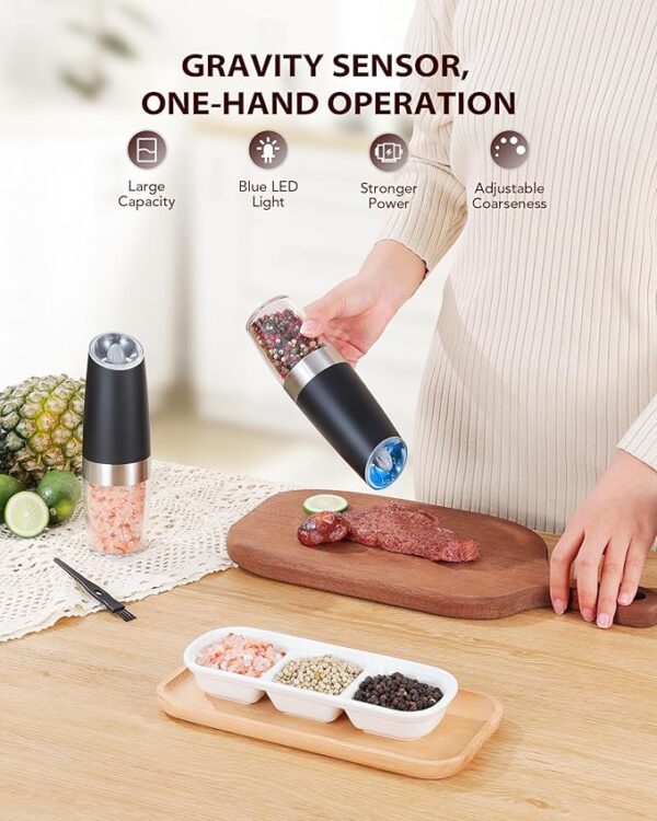 Sangcon Gravity Electric Salt and Pepper Grinder Set Automatic Shakers Mill Grinder with LED Light, BATTERY POWERED Adjustable Coarseness One Hand Operation, Upgraded Larger Capacity - Image 4