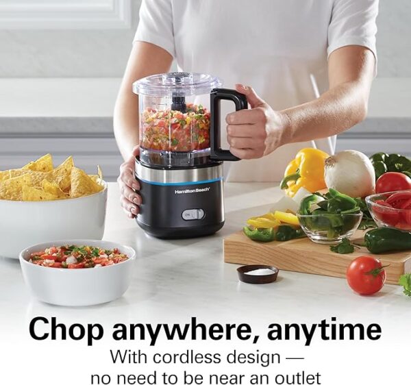 Hamilton Beach Powerful Cordless Mini Food Processor and Vegetable Chopper, 4 Cup Capacity, Fast Recharging, Includes Power Adapter, Chop, Puree, Emulsify, Grind, Dishwasher Safe Bowl, Black (72880) - Image 2