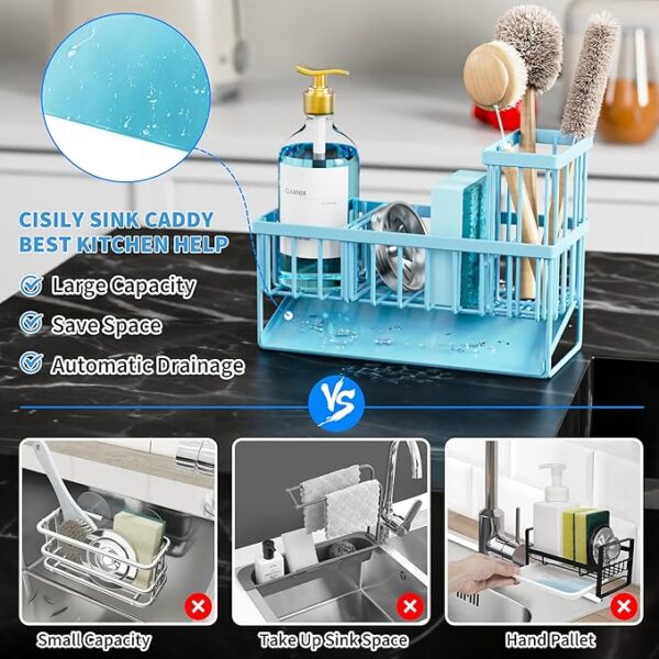 Cisily Kitchen Sink Caddy Organzier with High Brush Holder, Sponge Holder for Sink, 304 Rustproof Stainless, Kitchen Countertop Soap Dispenser Organizer, Kitchen Decor and Accessories - Image 2