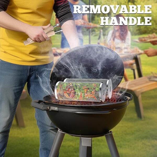 Rolling Grill Basket(2PCS), Removable Wooden Handle, 304 Stainless Steel, Nesting Grilling Net, BBQ Accessories Tool for Vegetable Shrimp, Outdoor Cooking Camping, Birthday Gifts for Men Dad Husband - Image 3