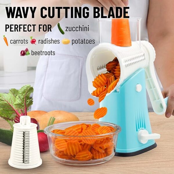 Zulay Kitchen Rotary Cheese Grater 5 Blade Cheese Shredder - Manual Hand Crank Cheese Grater With Reinforced Suction & 5 Interchangeable Drums - Easy to Use, Vegetable Chopper Round Mandoline Slicer - Image 3