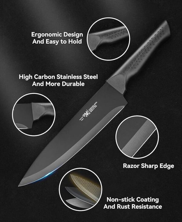 Knife Set, 15 Pcs Kitchen Knife Set with Block Self Sharpening, Dishwasher Safe, 6 Steak Knives, Anti-slip handle, Black - Image 4