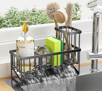Cisily Kitchen Sink Caddy Organzier with High Brush Holder, Sponge Holder for Sink, 304 Rustproof Stainless, Kitchen Countertop Soap Dispenser Organizer, Kitchen Decor and Accessories
