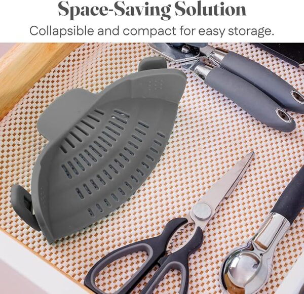 Kitchen Gizmo Snap N' Strain - Silicone Pasta Strainer Clip-On for Pots and Pans - Heat Resistant Colander for Vegetables and Noodles - Kitchen Gadgets for Cooking - Space-Saving Design - Grey - Image 5