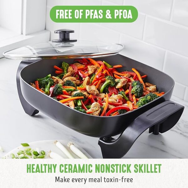 GreenLife12" 5QT Square Electric Skillet, Glass Vented Lid, Ceramic PFAS-Free Nonstick Coated Interior, Adjustable Temperature Control, Cool Touch Handles, Quick Even Heating, Scratch Resistant, Pink - Image 4