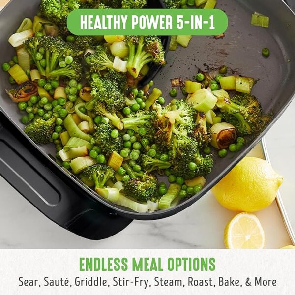 GreenLife12" 5QT Square Electric Skillet, Glass Vented Lid, Ceramic PFAS-Free Nonstick Coated Interior, Adjustable Temperature Control, Cool Touch Handles, Quick Even Heating, Scratch Resistant, Pink - Image 5